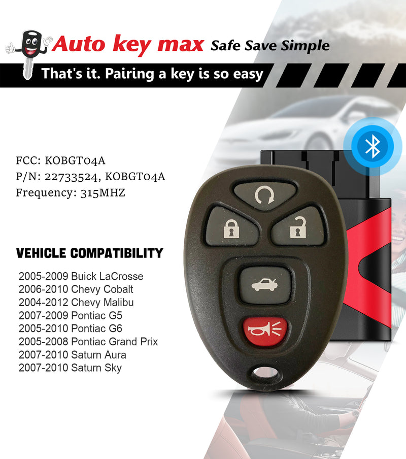 Simple Key Fob, Keyless Entry Remote Programmer Kit , Replacement for Chevy Malibu 2004 2- 2012 Cobalt Pontiac G5 G6 Grand Prix Buick Lacrosse Saturn Aura Sky KOBGT04A SKU: KPRO+C5RB-1