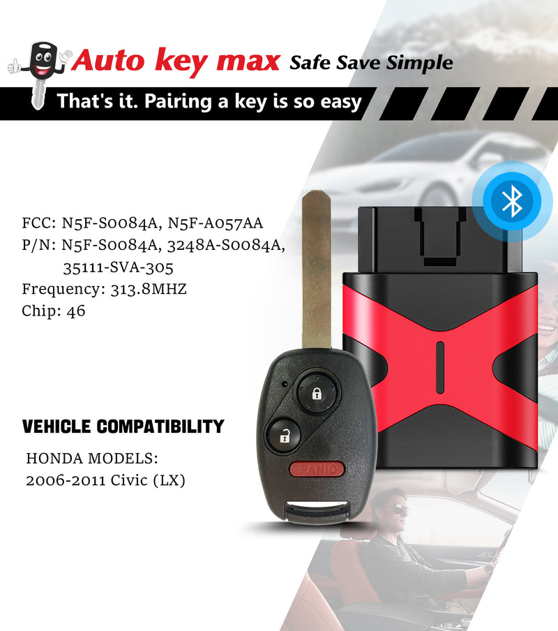 Car Key fob Programmer Replacement for 2006 - 2011 Honda Civic EX Si N5F-S0084A SKU: KPRO+H3SB-H4SB
